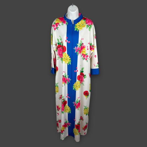 Vintage 70s Evelyn Pearson Go Coat Zip Front Lounge Maxi Robe Medium Florals - Picture 1 of 7